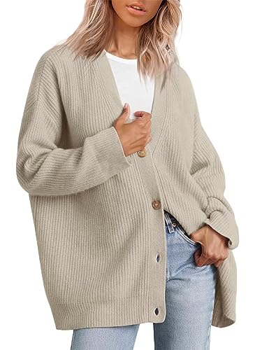 MorFansi Damen Strickjacke Strick Outwear V-Ausschnitt Vorne Offen Leicht Lockere Pullover mit Knöpfen (Taupe,L) von MorFansi