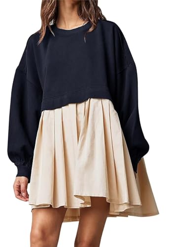 MorFansi Damen Sweatshirt Kleid Rundhals Langarm Patchwork Pullover Minikleid Baggy Flowy Oversized Tops (Dunkelblaues/Khaki,M) von MorFansi