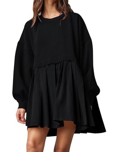 MorFansi Damen Sweatshirt Kleid Rundhals Langarm Patchwork Pullover Minikleid Baggy Flowy Oversized Tops (Schwarz,XL) von MorFansi