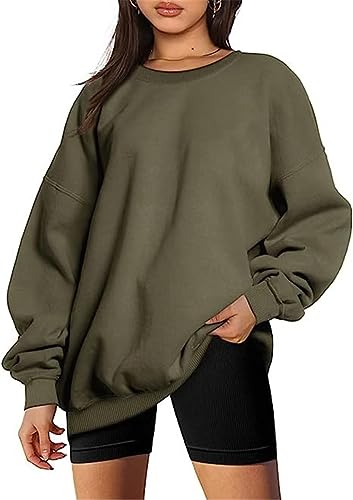 MorFansi Damen Sweatshirts Basic Rundhals Langarmshirt Loose Fleece Pullover Casual Einfarbig Oberteile Tops (Armeegrün,M) von MorFansi