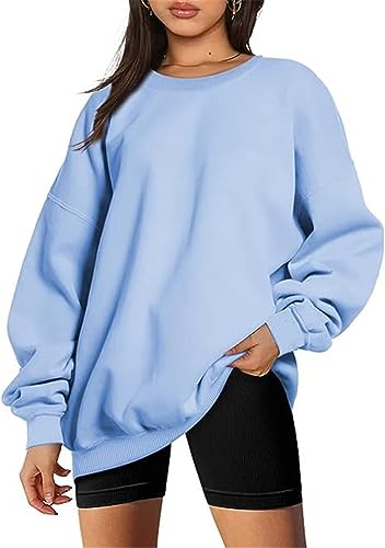 MorFansi Damen Sweatshirts Basic Rundhals Langarmshirt Loose Fleece Pullover Casual Einfarbig Oberteile Tops (Himmelblau,M) von MorFansi