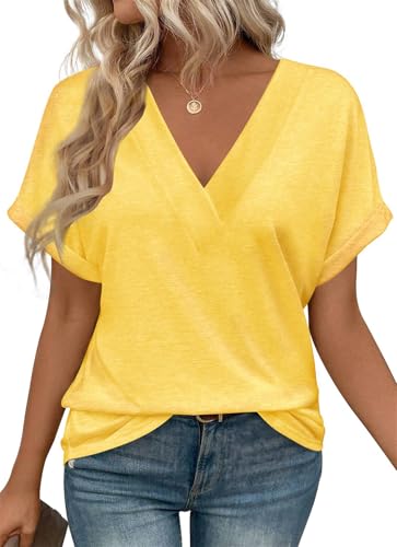 MorFansi Damen T-Shirt V-Ausschnitt Kurzarm Bluse Elegant Sommer Casual Einfarbig Shirts Basic Tunika Tops Locker Oberteile (Gelb,XXL) von MorFansi