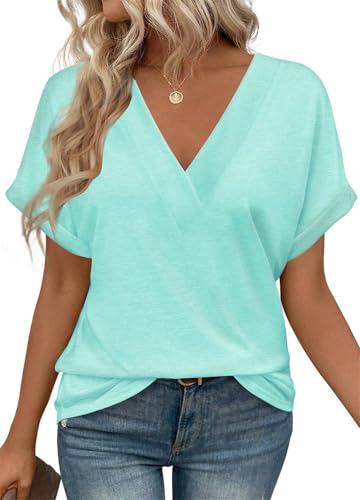 MorFansi Damen T-Shirt V-Ausschnitt Kurzarm Bluse Elegant Sommer Casual Einfarbig Shirts Basic Tunika Tops Locker Oberteile (Mintgrün,M) von MorFansi