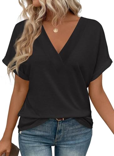 MorFansi Damen T-Shirt V-Ausschnitt Kurzarm Bluse Elegant Sommer Casual Einfarbig Shirts Basic Tunika Tops Locker Oberteile (Schwarz,XL) von MorFansi