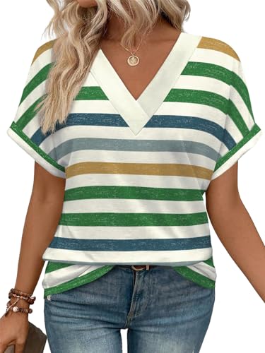 MorFansi Damen T-Shirt V-Ausschnitt Kurzarm Bluse Elegant Sommer Casual Einfarbig Shirts Basic Tunika Tops Locker Oberteile (Streifen Grün,L) von MorFansi