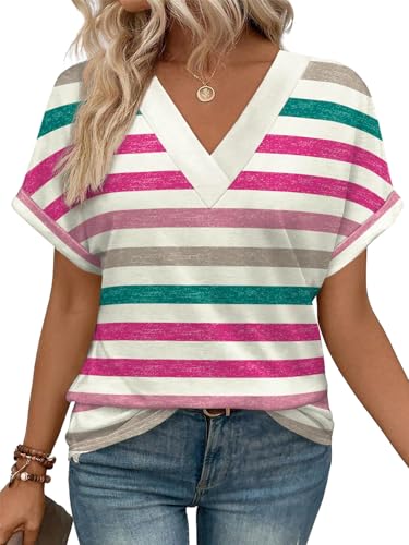 MorFansi Damen T-Shirt V-Ausschnitt Kurzarm Bluse Elegant Sommer Casual Einfarbig Shirts Basic Tunika Tops Locker Oberteile (Streifen Hot Rosa,M) von MorFansi
