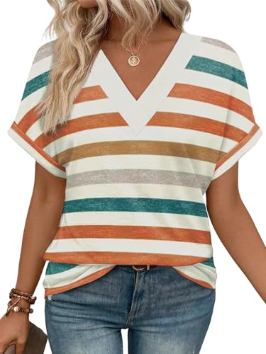 MorFansi Damen T-Shirt V-Ausschnitt Kurzarm Bluse Elegant Sommer Casual Einfarbig Shirts Basic Tunika Tops Locker Oberteile (Streifen Orange,XXL) von MorFansi