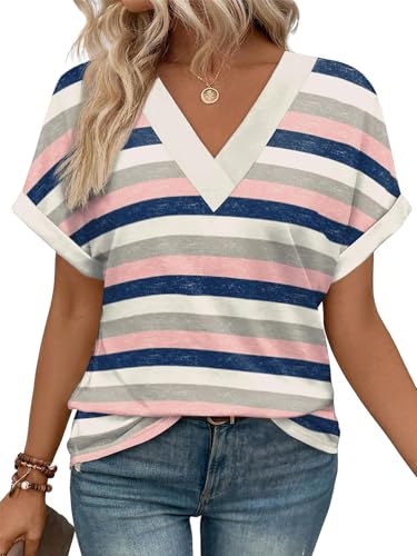 MorFansi Damen T-Shirt V-Ausschnitt Kurzarm Bluse Elegant Sommer Casual Einfarbig Shirts Basic Tunika Tops Locker Oberteile (Streifen Rosa,XL) von MorFansi