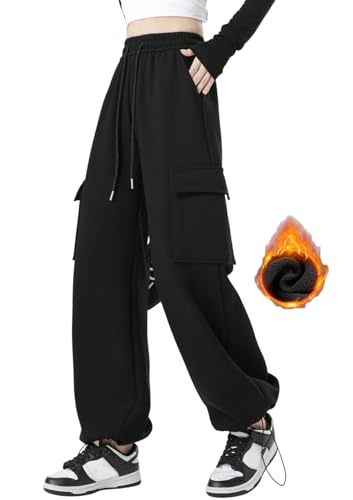 MorFansi Damen Warme Jogginghose Fleece Cargo Freizeithose High Waist Stretch Y2K Fleecehose Kordelzug Lang Hosen Sporthose Winter Sweatpants Trainingshose (Schwarz,M) von MorFansi