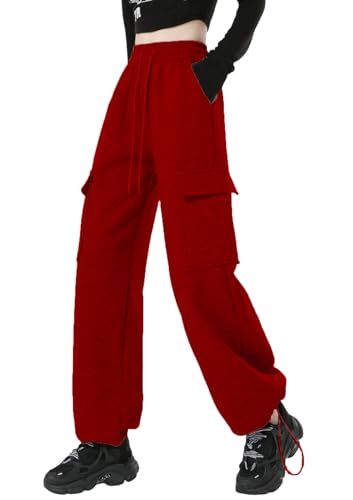 MorFansi Damen Warme Jogginghose Fleece Cargo Freizeithose High Waist Stretch Y2K Fleecehose Kordelzug Lang Hosen Sporthose Winter Sweatpants Trainingshose (Weinrot,XL) von MorFansi