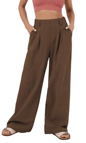 MorFansi Damen Weite Bein Hose Hohe Taille Lässig Sommerhose Einfarbig Lose Freizeithose mit Taschen (Dunkelbraun,S) von MorFansi