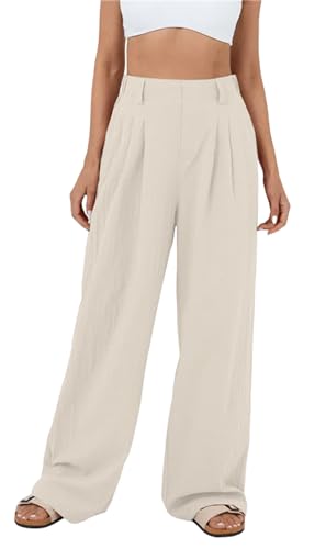 MorFansi Damen Weite Bein Hose Hohe Taille Lässig Sommerhose Einfarbig Lose Freizeithose mit Taschen (Hellkhaki,S) von MorFansi