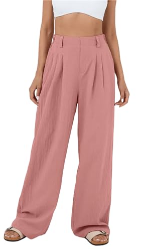 MorFansi Damen Weite Bein Hose Hohe Taille Lässig Sommerhose Einfarbig Lose Freizeithose mit Taschen (Rosa,L) von MorFansi