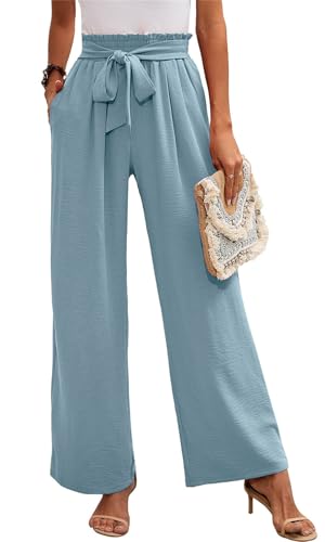 MorFansi Damen Weite Bein Hose Hohe Taille Leichte Sommerhose Einfarbig Lose Verstellbare Freizeithose mit Taschen (Blau,L) von MorFansi