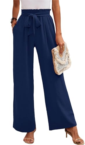 MorFansi Damen Weite Bein Hose Hohe Taille Leichte Sommerhose Einfarbig Lose Verstellbare Freizeithose mit Taschen (Dunkelblau,M) von MorFansi