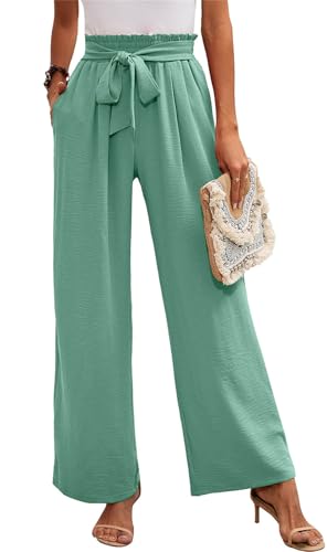 MorFansi Damen Weite Bein Hose Hohe Taille Leichte Sommerhose Einfarbig Lose Verstellbare Freizeithose mit Taschen (Hellgrün,XL) von MorFansi