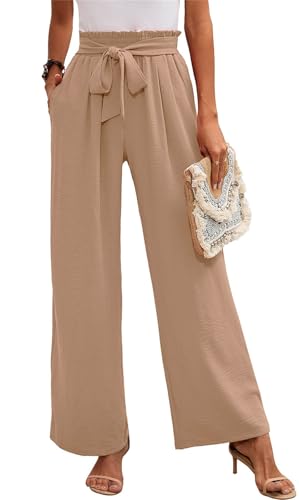 MorFansi Damen Weite Bein Hose Hohe Taille Leichte Sommerhose Einfarbig Lose Verstellbare Freizeithose mit Taschen (Khaki,M) von MorFansi