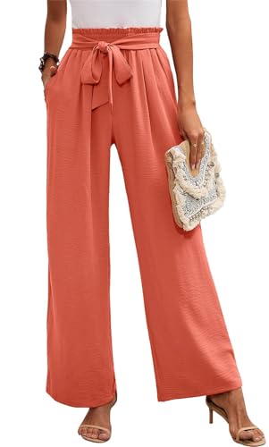 MorFansi Damen Weite Bein Hose Hohe Taille Leichte Sommerhose Einfarbig Lose Verstellbare Freizeithose mit Taschen (Koralle,L) von MorFansi