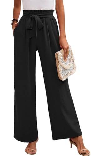MorFansi Damen Weite Bein Hose Hohe Taille Leichte Sommerhose Einfarbig Lose Verstellbare Freizeithose mit Taschen (Schwarz,M) von MorFansi
