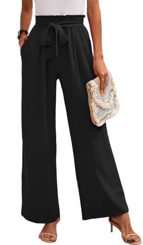 MorFansi Damen Weite Bein Hose Hohe Taille Leichte Sommerhose Einfarbig Lose Verstellbare Freizeithose mit Taschen (Schwarz,XXL) von MorFansi