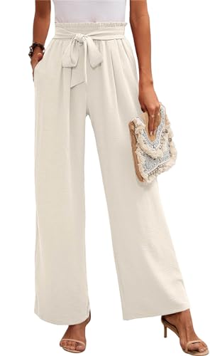 MorFansi Damen Weite Bein Hose Hohe Taille Leichte Sommerhose Einfarbig Lose Verstellbare Freizeithose mit Taschen (Weiß,L) von MorFansi