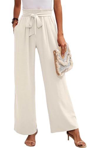 MorFansi Damen Weite Bein Hose Hohe Taille Leichte Sommerhose Einfarbig Lose Verstellbare Freizeithose mit Taschen (Weiß,XL) von MorFansi