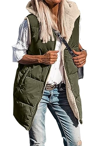 MorFansi Damen Wendewesten Herbst Ärmellose Fleecejacke Reißverschluss Kapuzenpullover Lange Warme Wintermantel Oberbekleidung (Armeegrün,2XL) von MorFansi