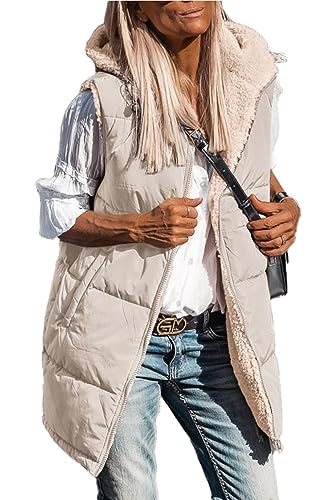 MorFansi Damen Wendewesten Herbst Ärmellose Fleecejacke Reißverschluss Kapuzenpullover Lange Warme Wintermantel Oberbekleidung (Beige,S) von MorFansi