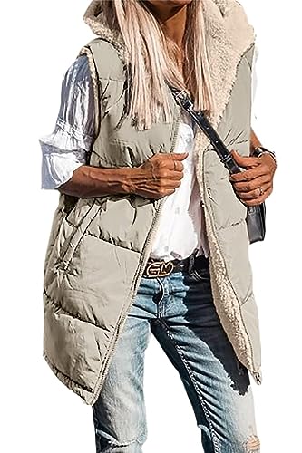 MorFansi Damen Wendewesten Herbst Ärmellose Fleecejacke Reißverschluss Kapuzenpullover Lange Warme Wintermantel Oberbekleidung (Hellgrün,3XL) von MorFansi