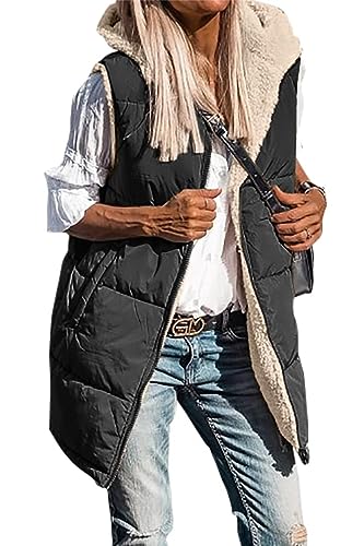 MorFansi Damen Wendewesten Herbst Ärmellose Fleecejacke Reißverschluss Kapuzenpullover Lange Warme Wintermantel Oberbekleidung (Schwarz,XL) von MorFansi