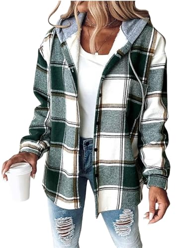 MorFansi Damen Winterjacke Karierte Hemdjacke Wolljacke Fleece Gefüttert Warme Kapuzenjacke Lässige Knopfleiste Jacke Mantel mit Taschen (Grün,M) von MorFansi