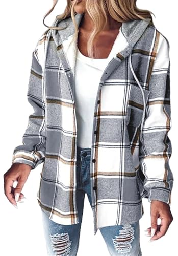 MorFansi Damen Winterjacke Karierte Hemdjacke Wolljacke Fleece Gefüttert Warme Kapuzenjacke Lässige Knopfleiste Jacke Mantel mit Taschen (Hellgrau,M) von MorFansi