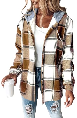 MorFansi Damen Winterjacke Karierte Hemdjacke Wolljacke Fleece Gefüttert Warme Kapuzenjacke Lässige Knopfleiste Jacke Mantel mit Taschen (Khaki,M) von MorFansi