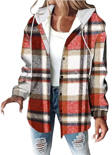 MorFansi Damen Winterjacke Karierte Hemdjacke Wolljacke Fleece Gefüttert Warme Kapuzenjacke Lässige Knopfleiste Jacke Mantel mit Taschen (Rot,XXL) von MorFansi