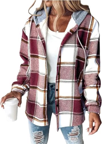 MorFansi Damen Winterjacke Karierte Hemdjacke Wolljacke Fleece Gefüttert Warme Kapuzenjacke Lässige Knopfleiste Jacke Mantel mit Taschen (Ziegelrot,M) von MorFansi