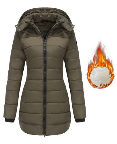MorFansi Damen Winterjacke mit Kapuze Dick Warmer Steppmantel Zipper Daunenjacke Outdoorjacke Daunenmantel Winddicht Steppjacke Wintermantel (Armeegrün,L) von MorFansi