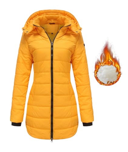 MorFansi Damen Winterjacke mit Kapuze Dick Warmer Steppmantel Zipper Daunenjacke Outdoorjacke Daunenmantel Winddicht Steppjacke Wintermantel (Gelb,M) von MorFansi