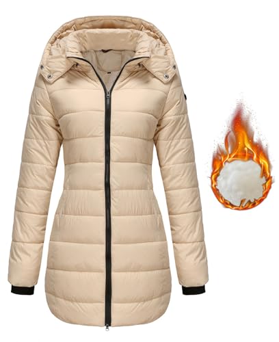 MorFansi Damen Winterjacke mit Kapuze Dick Warmer Steppmantel Zipper Daunenjacke Outdoorjacke Daunenmantel Winddicht Steppjacke Wintermantel (Khaki,S) von MorFansi