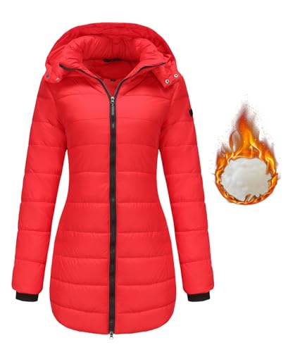 MorFansi Damen Winterjacke mit Kapuze Dick Warmer Steppmantel Zipper Daunenjacke Outdoorjacke Daunenmantel Winddicht Steppjacke Wintermantel (Rot,XXL) von MorFansi