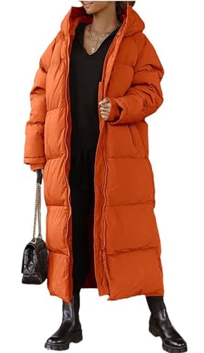 MorFansi Damen Wintermantel Lange Puffer Daunenjacke Langarm Gesteppter Mantel Funktionsjacke Winter Kapuze Oberbekleidung (Orange,XL) von MorFansi