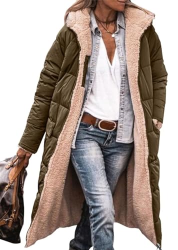 MorFansi Damen Wintermantel Reversibel Lange Ärmel Fleecejacke Outdoorjacke Steppjacke Kapuze Oberbekleidung (Armeegrün,XL) von MorFansi