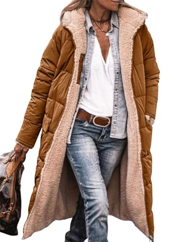 MorFansi Damen Wintermantel Reversibel Lange Ärmel Fleecejacke Outdoorjacke Steppjacke Kapuze Oberbekleidung (Braun,S) von MorFansi