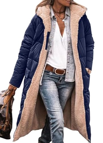 MorFansi Damen Wintermantel Reversibel Lange Ärmel Fleecejacke Outdoorjacke Steppjacke Kapuze Oberbekleidung (Dunkelblau,M) von MorFansi