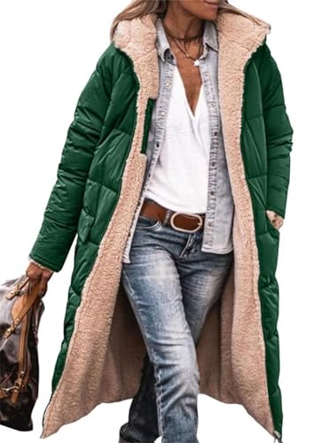 MorFansi Damen Wintermantel Reversibel Lange Ärmel Fleecejacke Outdoorjacke Steppjacke Kapuze Oberbekleidung (Grün,L) von MorFansi