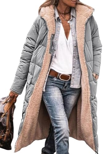 MorFansi Damen Wintermantel Reversibel Lange Ärmel Fleecejacke Outdoorjacke Steppjacke Kapuze Oberbekleidung (Hellgrau,2XL) von MorFansi