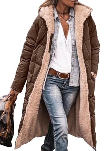 MorFansi Damen Wintermantel Reversibel Lange Ärmel Fleecejacke Outdoorjacke Steppjacke Kapuze Oberbekleidung (Kaffee,L) von MorFansi