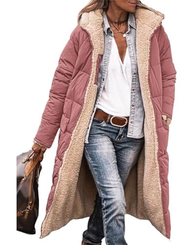 MorFansi Damen Wintermantel Reversibel Lange Ärmel Fleecejacke Outdoorjacke Steppjacke Kapuze Oberbekleidung (Rosa,L) von MorFansi