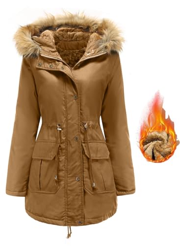 MorFansi Damen Wintermantel Winterjacke mit Fellkapuze Dicker Warm Winterparka Zipper Mantel Parka Winddicht Fleecejacke Übergangsjacke (Khaki,XXL) von MorFansi