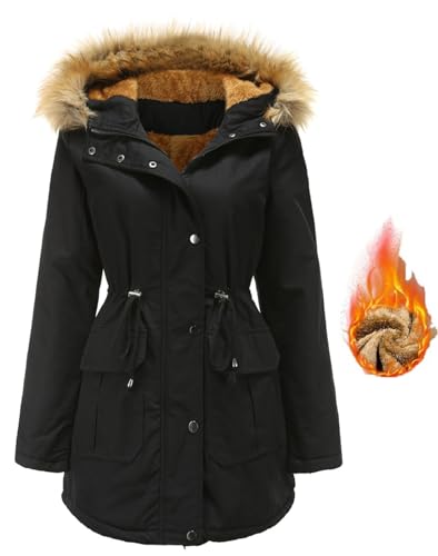 MorFansi Damen Wintermantel Winterjacke mit Fellkapuze Dicker Warm Winterparka Zipper Mantel Parka Winddicht Fleecejacke Übergangsjacke (Schwarz,3XL) von MorFansi