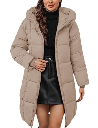 MorFansi Damen Wintermantel mit Kapuze Dick Warmer Steppmantel Lang Daunenjacke Outdoorjacke Winddicht Daunenmantel Steppjacke Outwear (Khaki,S) von MorFansi